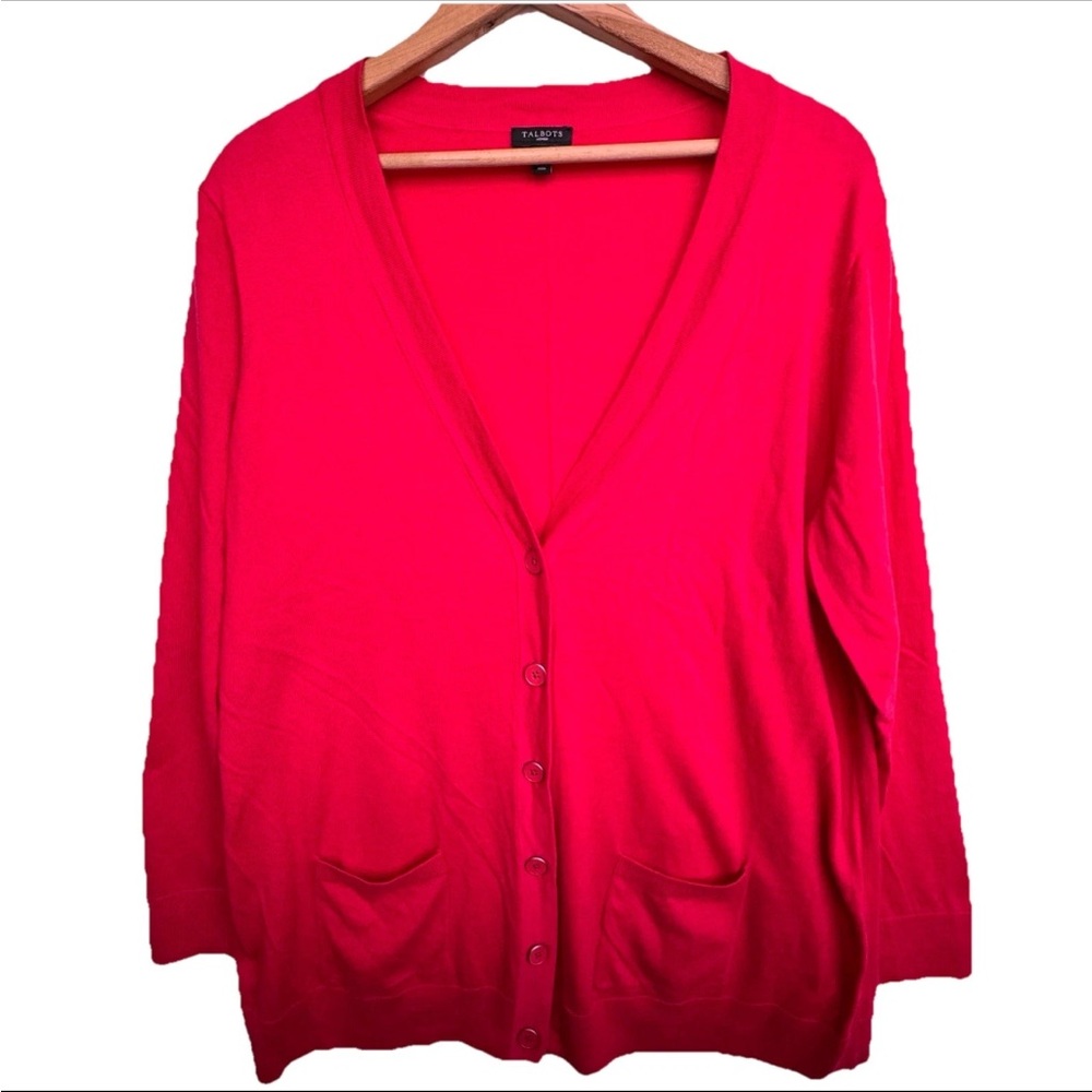 Talbots Button Up Cardigan Womens 2X Pink Red V Neck Long Sleeve Pockets